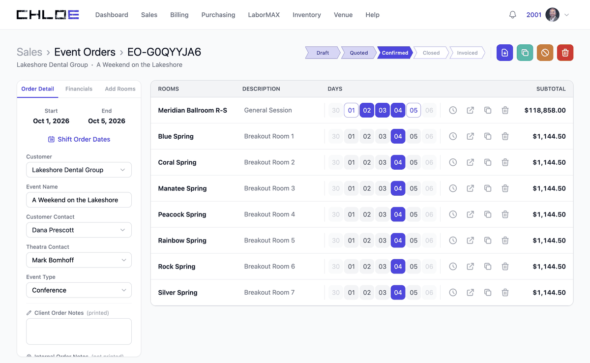 An Event Order in Chloe, showing the status stepper, room line items and order financials.